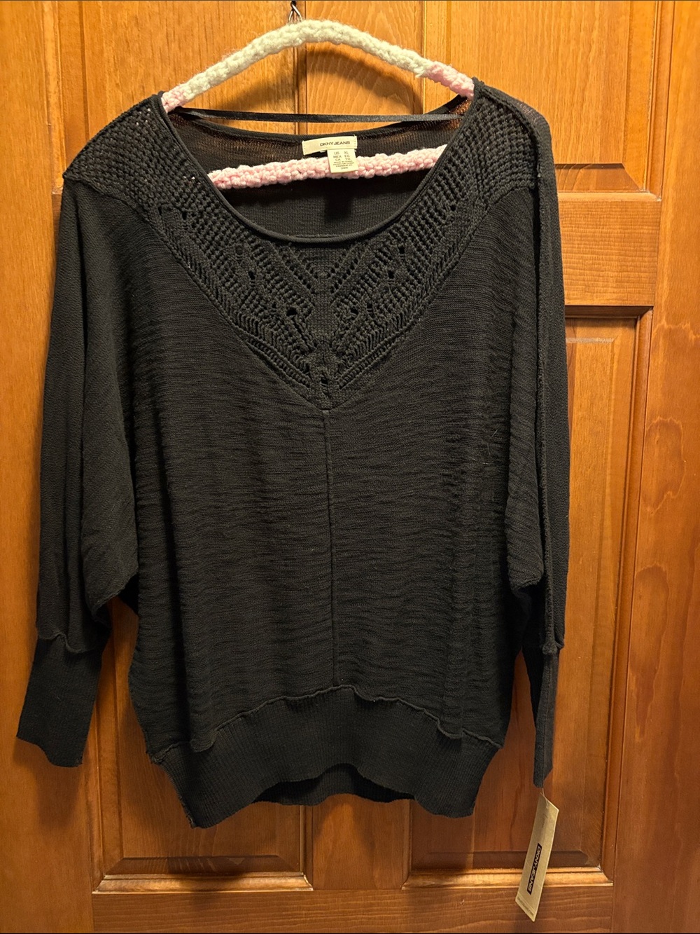 Dkny Black Crochet Yoke Crewneck Sweater
